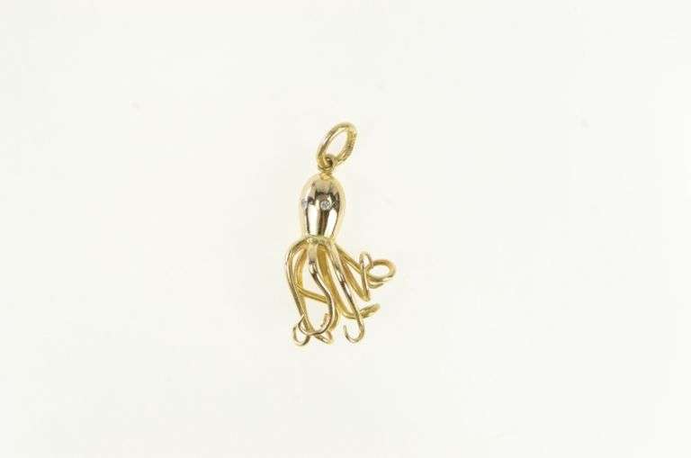 18K Yellow Gold 3D Diamond Eyed Octopus Ocean Pendant