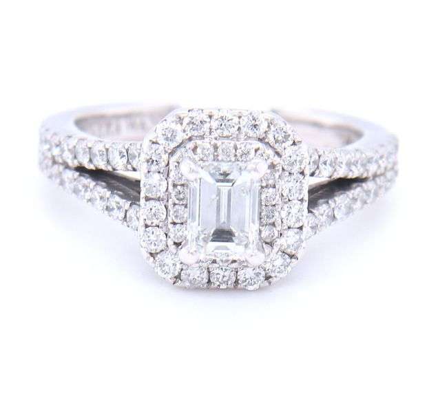 14kt White gold Vera Wang love collection 1-1/3ct emerald cut diamond split shank frame engagement ring