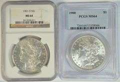 Blazing MS64 graded 1900 (PCGS) and 1901-O (NGC) Morgan Silver Dollars
