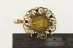 18K Yellow Gold Ornate Virgin Mary Christian Medallion Pendant