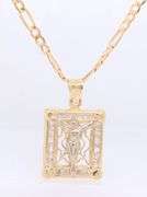 14kt Yellow gold square Jesus crucifix pendant on figaro chain necklace