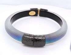 Alexis Bittar blue lucite and black and clear crystal hinged bangle bracelet