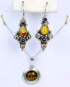 Sterling Amber Necklace & Gemstone Earrings