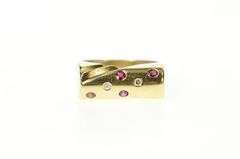 14K Yellow Gold Flush Ruby Diamond Curved Squared Statement Ring