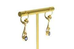 14K Yellow Gold Victorian Syn. Sapphire CZ Ornate Dangle Earrings