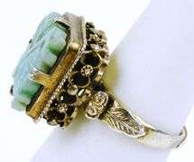 Vintage Silver Carved Jade Ring, Size 6.5