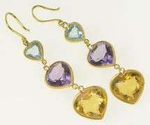 14K Yellow Gold Amethyst Topaz Citrine Heart Dangle Earrings