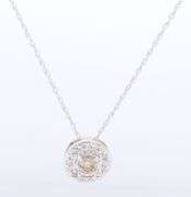 14kt White gold top light brown and white diamond halo pendant on chain necklace