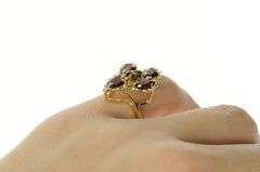 14K Yellow Gold Ornate Garnet Elaborate Cluster Chevron Ring