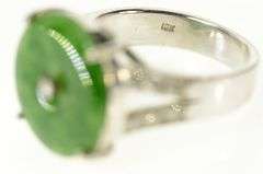 18K White Gold Jade Diamond Round Ornate Statement Ring
