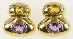 14K Yellow Gold Amethyst Citrine Vintage Geometric Earrings