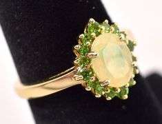 Vermeil Sterling Silver Yellow Opal and Green Cz Gemstone Ring