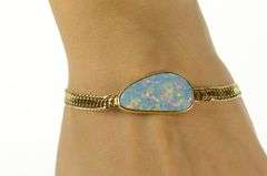 14K Yellow Gold Ornate Oval Natural Opal Squared Chain Bracelet