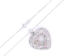 10kt White gold Baguette and round diamond heart shaped pendant on chain necklace