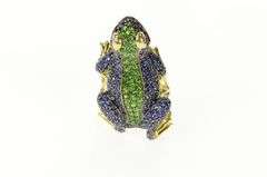 14K Yellow Gold Pave Sapphire Peridot Ruby Frog Statement Ring