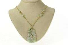 14K Yellow Gold Carved Floral Jade Talisman Statement Chain Necklace