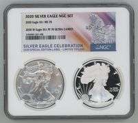 Perfect 2020-W PRF Silver Eagle and 2020 BU $1. NGC PF70 & MS70 2-Coin Set