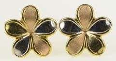 14K Yellow Gold Tri Tone Vintage Plumeria Flower Stud Earrings