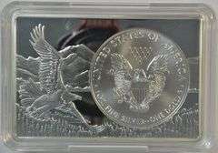 Special 2 Troy Oz pure silver with a 2018 $1 Silver Eagle encased in 1 Troy Oz