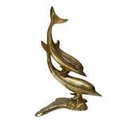 1970s Hollywood Regency Solid Brass Swimming Dolphins Sculpture 16 Inch