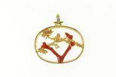 18K Yellow Gold Denny Wong Coral Tree Diamond Birds Oval Pendant