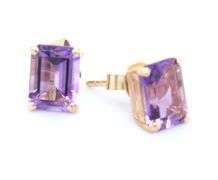 14kt Yellow gold emerald cut amethyst stud earrings