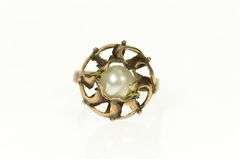 8K Yellow Gold Art Nouveau Pearl Floral Swirl Cocktail Ring