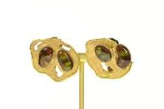 18K Yellow Gold Fire Agate Abstract Retro Artisan Clip Back Earrings