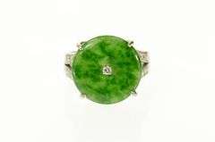 18K White Gold Jade Diamond Round Ornate Statement Ring