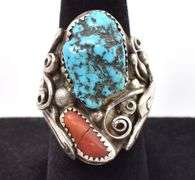 Native American Sterling Silve Turquoise and Coral Gemstone Ring