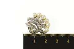 14K White Gold 0.75 Ctw Ornate 1940's Diamond Pearl Swirl Pin/Brooch
