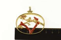 18K Yellow Gold Denny Wong Coral Tree Diamond Birds Oval Pendant