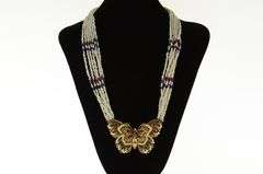 22K Yellow Gold Ruby Sapphire Pearl Butterfly Layered Strand Necklace