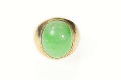 10K Yellow Gold Oval Jade Cabochon Retro Statement Ring