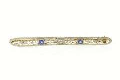 14K White Gold Art Deco Diamond Syn. Sapphire Filigree Bar Pin/Brooch