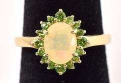 Vermeil Sterling Silver Yellow Opal and Green Cz Gemstone Ring