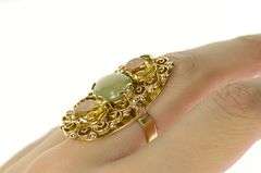 14K Yellow Gold Ornate Citrine Jadeite Filigree Statement Ring
