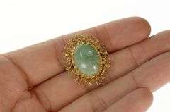 14K Yellow Gold Oval Aventurine Retro Scalloped Filigree Pin/Brooch