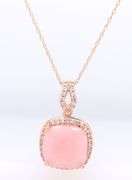 14kt Yellow gold cushion pink opal and topaz halo pendant on chain
