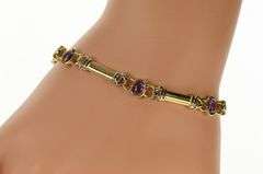 14K Yellow Gold Ornate Oval Amethyst Bar Link Statement Bracelet