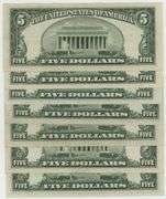7 Crisp AU/Unc Series of 1953 $5 Blue Seal Silver Certificate notes