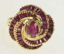 14K Yellow Gold Oval Natural Ruby Swirl Halo Cocktail Ring