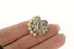 14K White Gold 0.75 Ctw Ornate 1940's Diamond Pearl Swirl Pin/Brooch