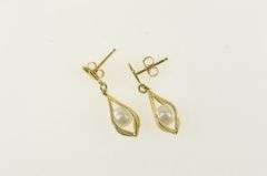 14K Yellow Gold Pearl Dangle Squared Cage Vintage Earrings