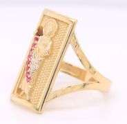 14kt Yellow gold square saint Jude red and white cubic zirconia ring