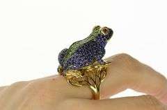 14K Yellow Gold Pave Sapphire Peridot Ruby Frog Statement Ring