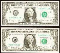 (2) Superb Crisp $1 Notes Scarce Matching Three Digit Numbers 00000211!