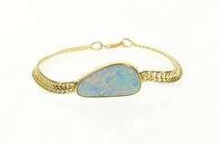 14K Yellow Gold Ornate Oval Natural Opal Squared Chain Bracelet