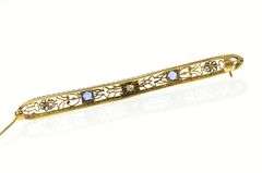 14K White Gold Art Deco Diamond Syn. Sapphire Filigree Bar Pin/Brooch