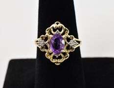 Beautiful 10K Yellow Gold Amethyst and Diamond Ring